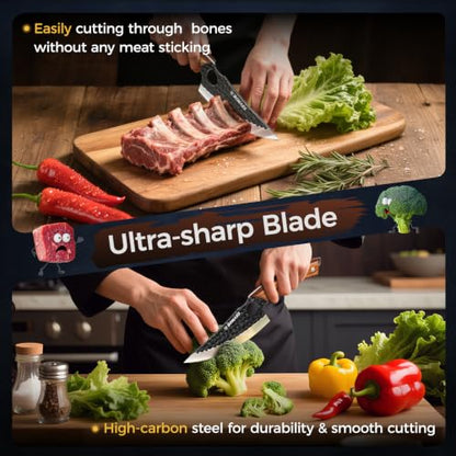 5PCS Butcher Knife Set, Hand Forged Kitchen Chef Knife Set Gift | Meat Cleaver Knife Viking Boning Knife for Home, Outdoor Camping, BBQ, High Carbon Steel Japanese Knives, Gift for Men Father - size: 6.8"