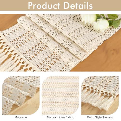 Betylifoy Boho Macrame Table Runner 71Inches Farmhouse Woven Tassels Runner | Cream Beige Rustic Burlap Table Runners Cotton Linen Coffee Table Runner for Bohemian Dining Kitchen Dresser Table Decor - size: 12x71in
