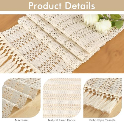 Betylifoy Boho Macrame Table Runner 94Inches Farmhouse Woven Tassels Runner | Cream Beige Rustic Burlap Table Runners Cotton Linen Coffee Table Runner for Bohemian Dining Kitchen Dresser Table Decor - size: 12x94in