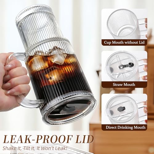 Iced Coffee Cups with Lids 2Pcs: Ribbed Glass Tumbler with Straw and Lid 24oz - Coffee Bar Accessories - Glass Cups and Tumblers with Lids and Straws - Tumbler Leak Proof - Coffee Tumbler with Handle - color: Handled