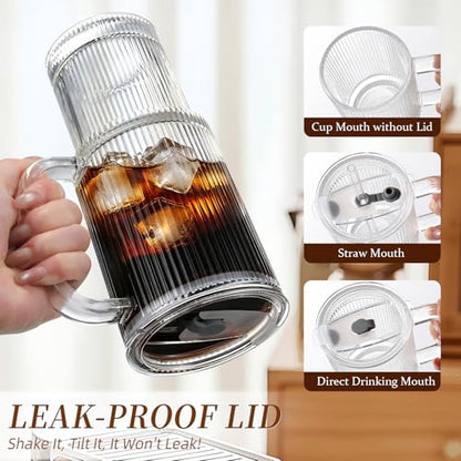 Iced Coffee Cups with Lids 2Pcs: Ribbed Glass Tumbler with Straw and Lid 24oz - Coffee Bar Accessories - Glass Cups and Tumblers with Lids and Straws - Tumbler Leak Proof - Coffee Tumbler with Handle - color: Handled