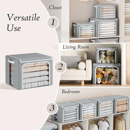 Yecaye Stackable Clothes Storage Bins with Lid, Grey, 40L, 6 Pack | Metal Frame, Foldable, Clear Window & Zippers & PU Leather Handles - color: Grey, size: Medium(6 Pack)