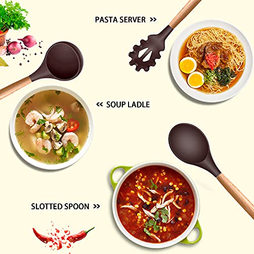 MIBOTE Silicone Cooking Kitchen Utensils Set, Wooden Handle, Coffee | BPA-Free, Non-Toxic Silicone Turner, Tongs, Spatula, Spoon Set – Great for Nonstick Cookware, Heat-Resistant, Easy Clean - color: Coffee