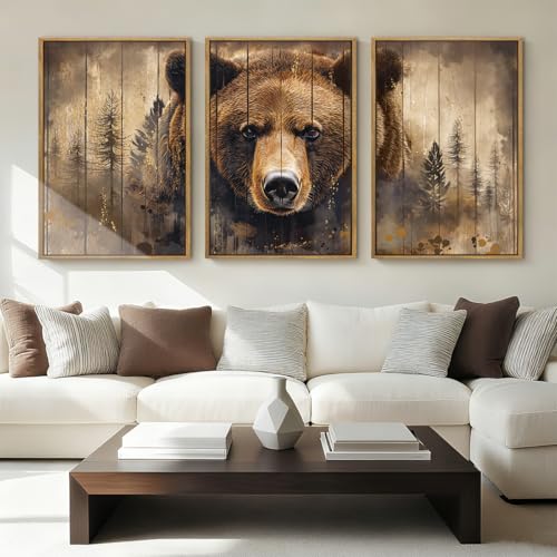 ANHUIB Vintage Brown Bear Canvas Wall Art 16x24 Inch Framed Forest Woodland Paintings Rustic Farmhouse Wildlife Wall Decor Set of 3 for Living Room Bedroom Dining Room - color: Brown Bear, size: 24"L x 16"W