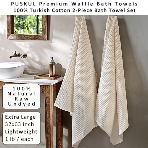 PÜSKÜL Raw-Undyed Natural 100% Turkish Cotton Waffle Bath Towels (2-Piece) | Large 32x63" Light Bath Sheet, Soft Absorbent Quick-Dry Lint-Free Premium 3D Honeycomb Weave Organic Oeko-Tex Made in Turkiye - color: Natural Beige
