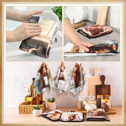 VitalCozy 8 Pcs Highland Cow Kitchen Towels Pot Holders Oven Mitt Set Absorbent Highland Cattle Dish Towels Square Potholders Watercolor Heat Resistant Glove for Home Cooking Baking Gift(Funny) - style: Funny