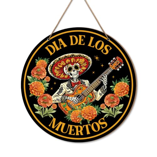 Dia De Muertos Day of The Dead Guitar Wood Door Sign Home Wall Decor | Skeleton Guitar Marigold Flowers Day of The Dead Mexican Wooden Sign Party Decorations for Home Yard Porch Entryway - color: Day of The Dead05