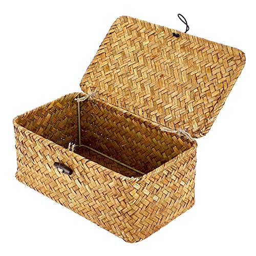 Hipiwe Wicker Shelf Baskets Bin with Lid X-Small Handwoven Basket for Shelf | Natural Seagrass Storage Box, Rectangular Household Basket Boxes for Wardrobe Home Organizer, Caramel - color: Caramel, size: X-Small