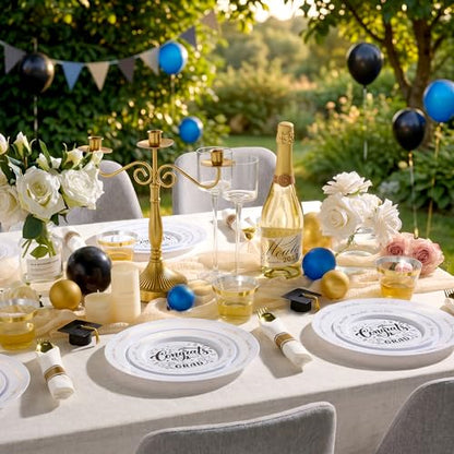 350 Piece Graduation Gold Plastic Dinnerware Set for 50 Guests | Disposable Dinnerware Includes: 50 Dinner Plates, 50 Dessert Plates, 50 Cups, 50 Pre Rolled Napkins with Silverware - color: White, style: 350 Piece (50 guests)