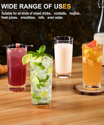 Drinking Water Glass Cups Set,Crystal Highball Glasses cups set of 4,16oz | Wide Mouth Design Tall Glassware for Cocktail Parties, Family Dinners - style: drinking Set of 4 16oz