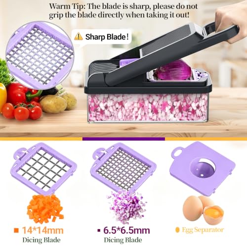 12-in-1 Vegetable Chopper 7 Blades, Veggie Cutter with Handle, Black/Purple | Stainless Steel Blades, Food Container and Lid, Dicer, Slicer, Julienne, Egg Separator, Non-slip Base, Include Cleaning Tools - color: Purple, size: 7 blades