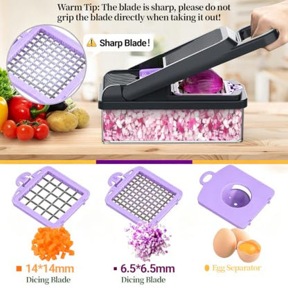 15-in-1 Vegetable Chopper 10 Blades, Veggie Cutter with Handle, Black/Purple | Stainless Steel Blades, Food Container and Lid, Dicer, Slicer, Julienne, Egg Separator, Non-slip Base, Include Cleaning Tools - color: Purple, size: 10 blades