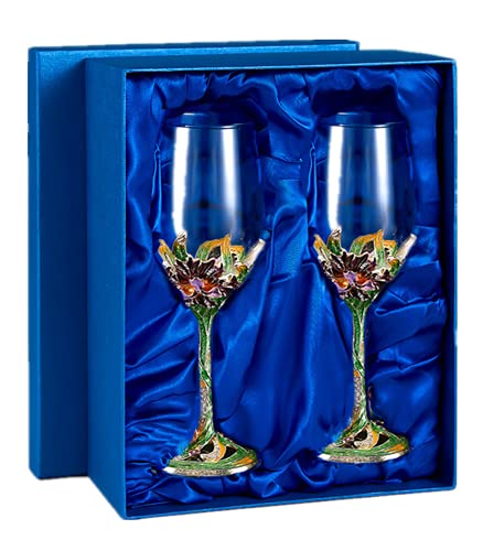 Comeon Flower Wine Glasses Hand Painted Wine Glasses Green 2 Set | Green Enamels Floral Design, Included Gift Box, Transparent Glass, Long Stem Crystal Red Wine Glasses - color: Green/ 2 set (gift box)