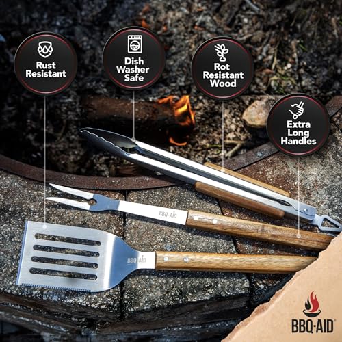 3 piece BBQ Grilling Accessories Set - BBQ Tongs Spatula Fork Set - Heavy Duty Stainless Steel Barbecue Grill Tools with Solid Hard Wood Handles Great Gift Set