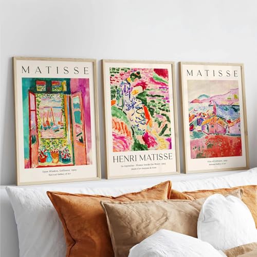 Baccone Henri Matisse Wall Art Prints Set of 3 Matisse Wall Decor Aesthetic Canvas Poster Colorful Abstract Pink Picture Vintage Flower Art Exhibition Posters for Room Bedroom 24x36 Inch Unframed - color: Boat Matisse Prints, size: 36"L x 24"W, style: Unf