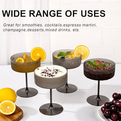 Ciaell 12 Pack Black Plastic Martini Glasses for Bars Parties | 10 oz Black Ribbed Coupe Cups, Heavy Duty Plastic, Cocktails Whiskey Margaritas Wine for Weddings - color: Black