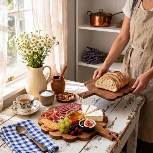 2 Pcs Acacia Wood Scalloped Cutting Chopping Board with Handle Decorative Cutting Boards for Kitchen Charcuterie Serving Tray Prep, Meat, Cheese, Bread, Fruit (with Hanging Rope & Holder)