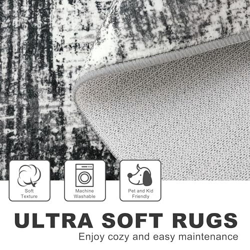 KILOCOCO Abstract Runner Rug 2x6 ft Washable Hallway Runner, Black/Grey | Machine Washable Kitchen Runner, Non Slip Entryway Runner, Printed Carpet Runners, Abstract Floor Runners, Soft Bedside Rug - color: Black/Grey, size: 2' x 6' (Runner)