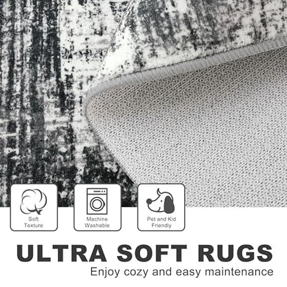 KILOCOCO Abstract Runner Rug 2x6 ft Washable Hallway Runner, Black/Grey | Machine Washable Kitchen Runner, Non Slip Entryway Runner, Printed Carpet Runners, Abstract Floor Runners, Soft Bedside Rug - color: Black/Grey, size: 2' x 6' (Runner)