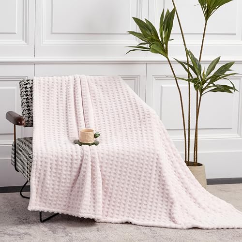 Soft Cozy Fuzzy Fleece Queen Size Blanket, Waffle Light Pink, 90x90 Inches – Lightweight, Fluffy, and Warm 3D Jacquard All-Season Blanket for Bed, Couch, Sofa, Camping, and Travel - color: Waffle Light Pink, size: Queen (90" x 90")