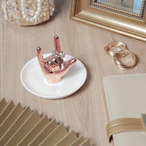 Lynagert I LOVE YOU Hand Ring Holder - Ceramic Jewelry Holder Dish Trinket Tray for Rings, Earrings, Necklace Organizer, Engagement & Wedding Ring Holder, Christmas & Birthday Gifts (Rose Gold) - color: Rose Gold