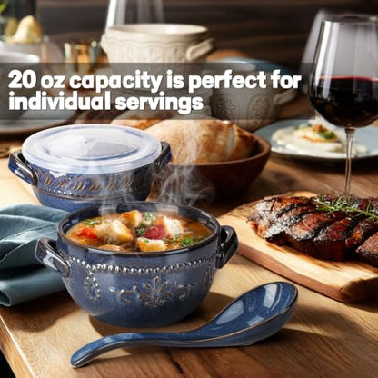 French Onion Soup Bowls with Handles and lids & Spoons, 20 Oz Ceramic Soup Crocks Oven Safe Serving Bowls for Chili, Beef Stew, Cereal, Pot Pies, Embossment, Set of 4, Blue (Multiple Patterns) - color: Blue (Multiple Patterns)
