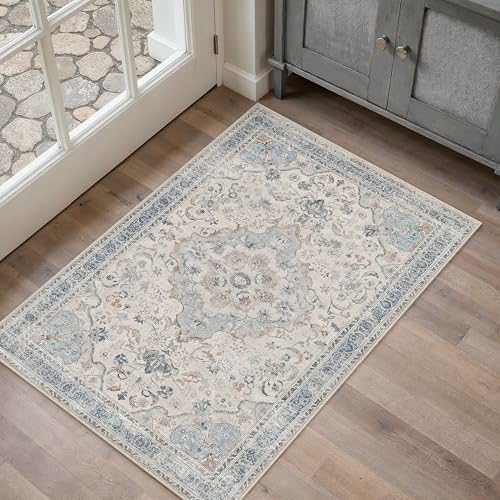 Blue Area Rug 2x3 Entryway Vintage Floral Non-Slip Door Mat | Machine Washable, Soft, Low Pile, Distressed, for Kitchen, Hallway, Bathroom, Retro Neutral Decor - color: Vintage | Blue, size: 2' x 3' (Rectangular)