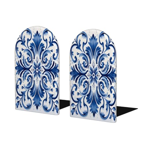 Blue White Flower Ceramic Pattern Bookends Decorative Wooden Book Ends Heavy Duty Metal Bookends Non Slip Book Holders for Shelves Desk Office Library Home Decor