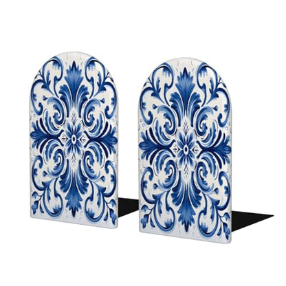 Blue White Flower Ceramic Pattern Bookends Decorative Wooden Book Ends Heavy Duty Metal Bookends Non Slip Book Holders for Shelves Desk Office Library Home Decor