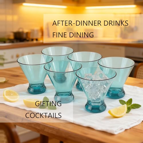 Set of 6 Plastic Stemless Martini Glasses 9 oz, Heavy Base Stable Cocktail/Drink/Juice/Red Wine Glasses, Fits Ice Cream/Milkshakes, Dishwasher Safe, Ideal for Home Party (Teal) - color: Teal