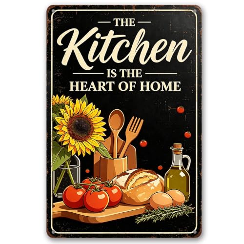 Kitchen Tin Sign, Kitchen Is Heart of Home Farmhouse Decor, 8x12 | Heart of Home Vintage Kitchen Metal Sign, Sunflower Farmhouse Kitchen Decor, Warm Gift for Home Cook & Housewarming - color: Heart of Home