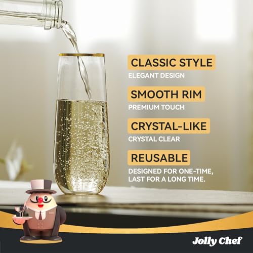 JOLLY CHEF 36 Pack 9 Oz Plastic Champagne Flutes, Gold Stemless Plastic Toasting Glasses| Shatterproof | Heavy Duty | Plastic Disposable Unbreakable Drinkware for Wedding, Party, Thanskgiving - color: Gold