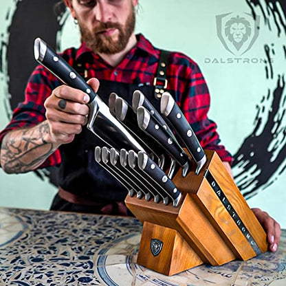 Dalstrong 12-Piece Elite Knife Block Set — German High-Carbon Steel, Full-Tang, Hand-Polished — Chef + Santoku + Nakiri + Boning + Fillet + 6 Steak — Gladiator Series Manchurian Ash Block, NSF - color: Black, size: 12-Pc