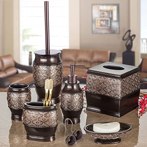 Creative Scents Dublin Brown 6 Piece Resin Bathroom Accessories Set | Includes Toilet Brush and Holder, Tissue Box Cover, Soap Dispenser, Toothbrush Holder, Tumbler Cup & Soap Dish - style: 6 Piece Set