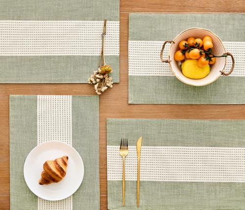 Wracra Linen Placemats, 12 x 18 Inch Set of 4 Placemats, Farmhouse Macrame Place Mats for Kitchen Table and Heat Resistant-Hemstitch Sage Green 4PCS - color: Sage Green, size: 12×18 Inch (Set of 4)