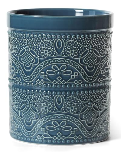 Kitchen Utensil Holder, 7.2" Super Large Utensil Crock Heavy and Stable Lace Emboss Ceramic Utensil Holder for Kitchen Counter (Grayish Blue) - color: Grayish Blue