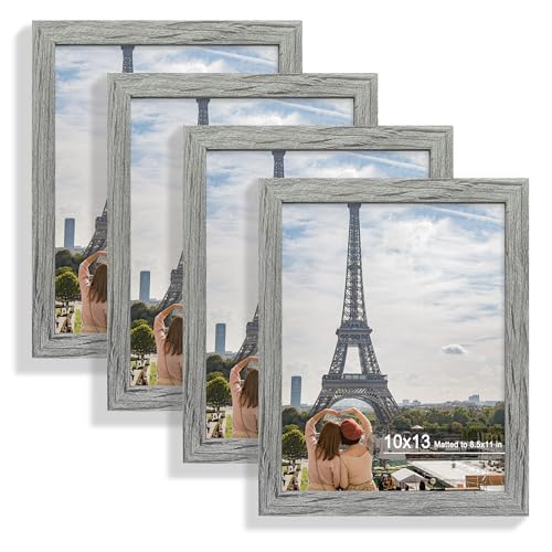 Hongkee 10x13 Picture Frame Set of 4, Made of Real Glass and Grey Frame, 10 by 13 Photo for Wall or Tabletop - Display Picture 8.5x11 with Mat or 10x13 Without Mat - color: Grey, size: 10x13 in