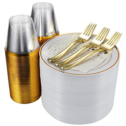 Gold Dessert Plates Set, 100 Wedding Plates Forks Cups and Napkins, 7.5 In | Sturdy plastic, cake service, appetizer tables, salad course, weddings, birthdays, easy cleanup - color: Gold, style: Plates,Forks,Napkins and Cups