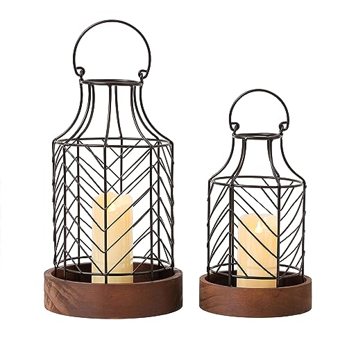 Lanterns Decorative Indoor Rustic Candle Lantern 2Pcs Metal | Farmhouse Lantern Decor with Wooden Base for Home Decor, Indoor, Outdoor, Living Room, Kitchen Dining Table