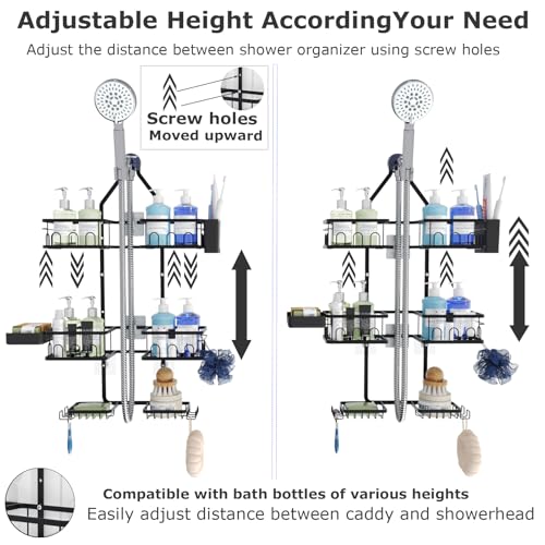 Shower Caddy Hanging Upgraded Adjustable Rustproof Shower Caddy Shower Organizer for Over Handheld or Fixed Shower Heads with Hooks Soap Holder Toothbrush Holder