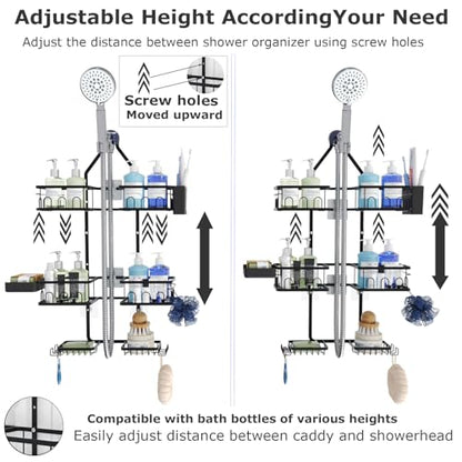 Shower Caddy Hanging Upgraded Adjustable Rustproof Shower Caddy Shower Organizer for Over Handheld or Fixed Shower Heads with Hooks Soap Holder Toothbrush Holder