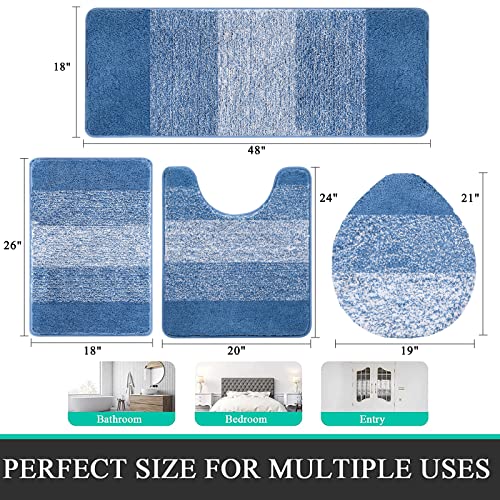 Bsmathom Bathroom Rug Set 4 Piece, Plush Microfiber Bath Mat, Blue | Extra Water Absorbent, Non Slip Washable Runner Bath Rugs with Toilet Lid Cover and U-shaped Contour Toilet Mat - color: Blue, size: 18"x26"+18"x48"+U20"x24"+Cover19"x21"