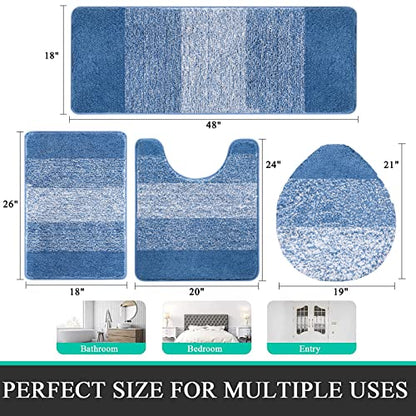Bsmathom Bathroom Rug Set 4 Piece, Plush Microfiber Bath Mat, Blue | Extra Water Absorbent, Non Slip Washable Runner Bath Rugs with Toilet Lid Cover and U-shaped Contour Toilet Mat - color: Blue, size: 18"x26"+18"x48"+U20"x24"+Cover19"x21"