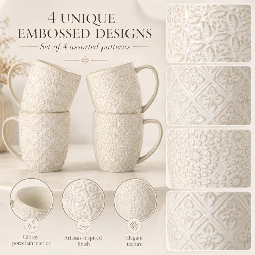Coffee Mugs Set of 4, 16 Oz Ceramic Coffee Mugs, Large Porcelain Embossed Cups for Cocoa, Tea, Milk, Mocha, Cappuccino, Microwave & Dishwasher Safe, Comfort Handle, 3.5 x 4.5 inch - color: C1
