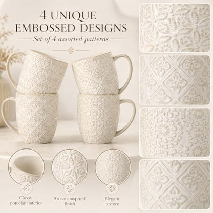 Coffee Mugs Set of 4, 16 Oz Ceramic Coffee Mugs, Large Porcelain Embossed Cups for Cocoa, Tea, Milk, Mocha, Cappuccino, Microwave & Dishwasher Safe, Comfort Handle, 3.5 x 4.5 inch - color: C1