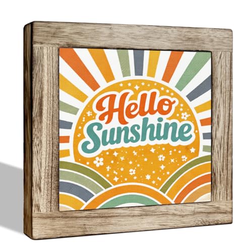 Hello Sunshine Wooden Plaque Sign, Rustic Farmhouse Summer Tabletop Decor, Inspirational Sunburst Design for Porch Office or Living Room 5.9x5.9 Inches - color: Summer 02