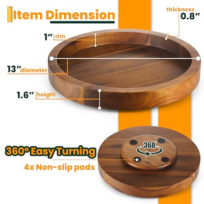 TIDITA 13" Wooden Lazy Susan Organizer for Cabinet, 360° Rotation, High Rim | Solid Acacia Wood, Non-Skid Pads, Swivel Round Lazy Susans Turntable for Countertop, Decorative Tray, Cheese Board, Multi-Use - size: 13 Inch