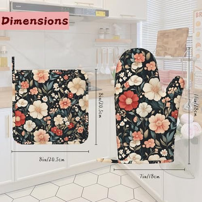 Floral Boho Heat-Resistant Silicone Oven Mitts and Pot Holder 4 Piece Set,Pink Flower Non-Slip Kitchen Oven Gloves for Baking, BBQ, Cooking,Grilling - color: Floral Boho Pink Flower