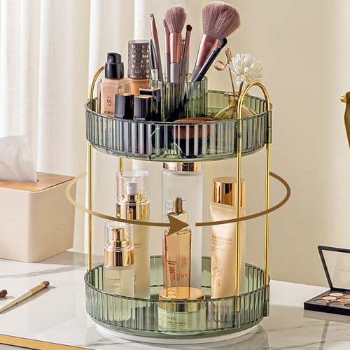 Aveniee Rotating Makeup Organizer for Vanity, Upagraded Perfume Skincare Bathroom Counter Organizers with Brush Divider, 2 Tier Spinning Lipstick Cosmetic Lotion Storage,Green - color: Gem Green, size: New-2 Tier