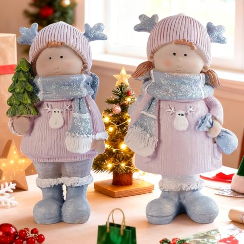 Christmas Home Decor Set of 2 Resin Mini Sculptures with Reindeer Hats, Cute Female Themed Winter Ornaments for Mantel, Tiered Tray & Indoor Tabletop Christmas Decor